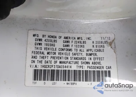 2013 Honda Accord Lx из США, поврежденный, VIN 1HGCR2F37DA054414